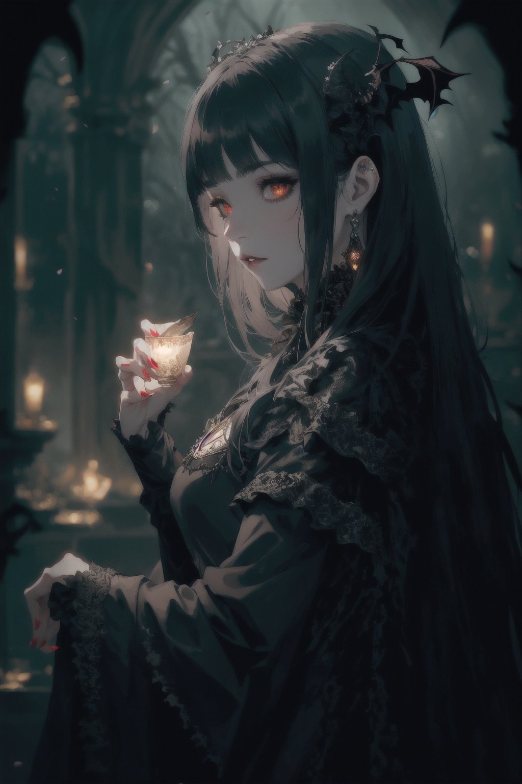 Vampire Queen, backlit, intricate details, highly detailed, slate atmosphere, cinematic, dimmed colors, dark shot, muted colors, film grain, lut, spooky, depth blur, blurry background dof, bokeh, realistic, realistic skin,ojou-sama pose