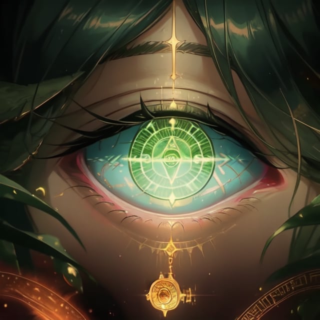 loli, sight_in_the_eyes, close_face, green_eyes, saki, magic_circles, green_hair, wizards, sight looking, magic_circle_inside_the_eye, perfect_eyes,full yet simplified body 