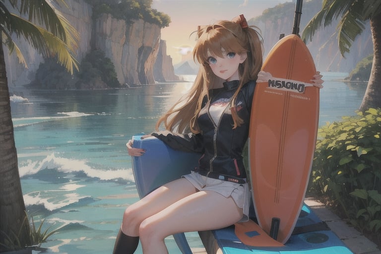 asuka langley soryu sitting on surfboard, dawn light, 1980 1990 anime retro nostalgia, bluest water, masterpiece, ultimate details, -style expressive --niji 5 
