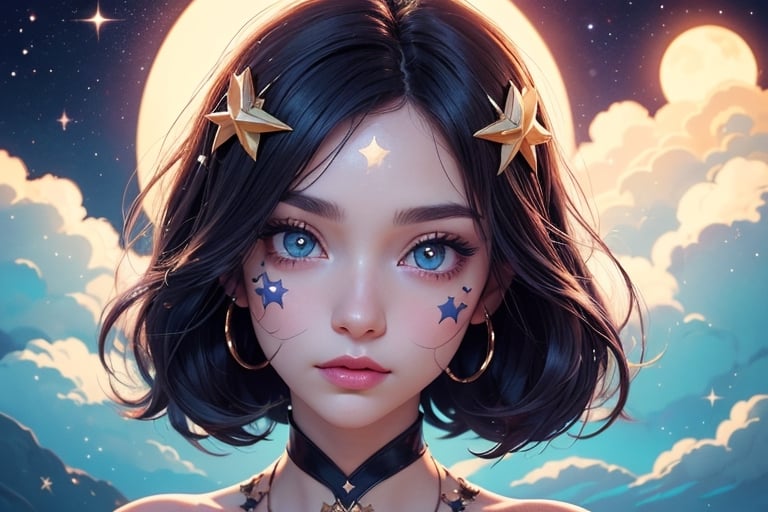 a close up of a woman with stars on her face, stars in her gazing eyes, anime vibes, stars in her eyes, dreamy illustration, procreate illustration, ✨🕌🌙, trending on artstration, ☁🌪🌙👩🏾, dreamy aesthetic, inspired by loish, stars are hidden in the eyes, starry eyes, loish art style, soft anime illustration