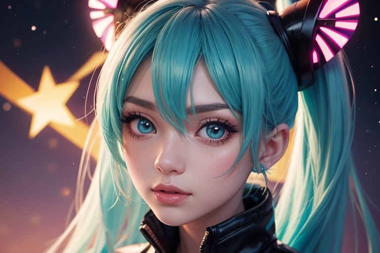 Hatsune Miku but its Cyberpunk, a close up of a woman with stars on her face, stars in her gazing eyes, anime vibes, stars in her eyes, dreamy illustration, procreate illustration, ✨🕌🌙, trending on artstration, ☁🌪🌙👩🏾, dreamy aesthetic, inspired by loish, stars are hidden in the eyes, starry eyes, loish art style, soft anime illustration