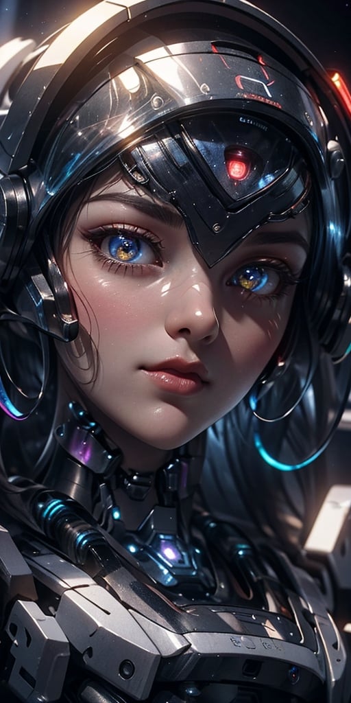 close up shot, portrait, cinematic shot, intricate robotic girl, pretty robot, android + humanoid, detailed face, detailed robotic eyes, detailed robotic nose, detailed robotic mouth and lip, detailed robotic body, ultra detailed futuristic room interior background, futuristic theme, vibrant color, contrast, ((very strong light on face, cinematic lighting, volumetric lighting, iridescent lighting reflection, reflection, beautiful shading, head light, back light, natural light, ray tracing, symmetrical)), HDR, UDR, 64K, masterpiece, professional work,


