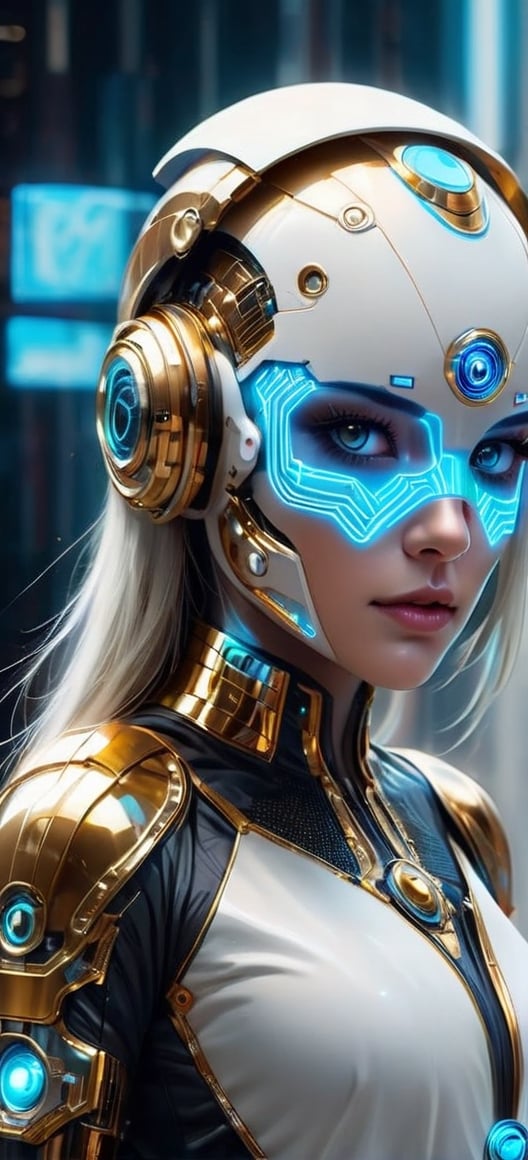 a white and neon blue dotted neon face with circuits on it,space helm visor gold translucent in the style of futuristic (Tron gear) art helmet full gear glamour,Cyber punk steam punk animated gifs, stefan gesell, algorithmic artistry, android jones, tim hildebrandt, pop art consumer culture some translucent 