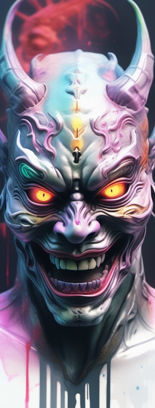 Watercolor portrait of a roaring neon hannya with iridescent black markings and a CYBERNETIC hannya face, perfect composition, hyperrealistic, super detailed, 8k, high quality, trending art, trending on artstation, sharp focus, studio photo, intricate details, highly detailed, by greg rutkowski, illustration, watercolor, yuji shinkawa