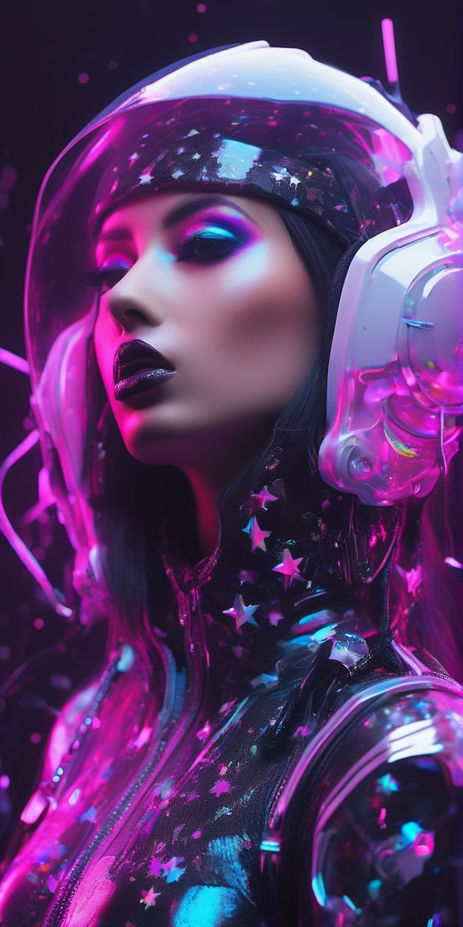  Create a hyper realistic monochrome photo of goth women cyberpunk and space helm gazing in to the viewer soul.her mouth is covered by colourful stars while everything elese is in black and white, with some neon colors sentimental mood.,photo r3al,holography