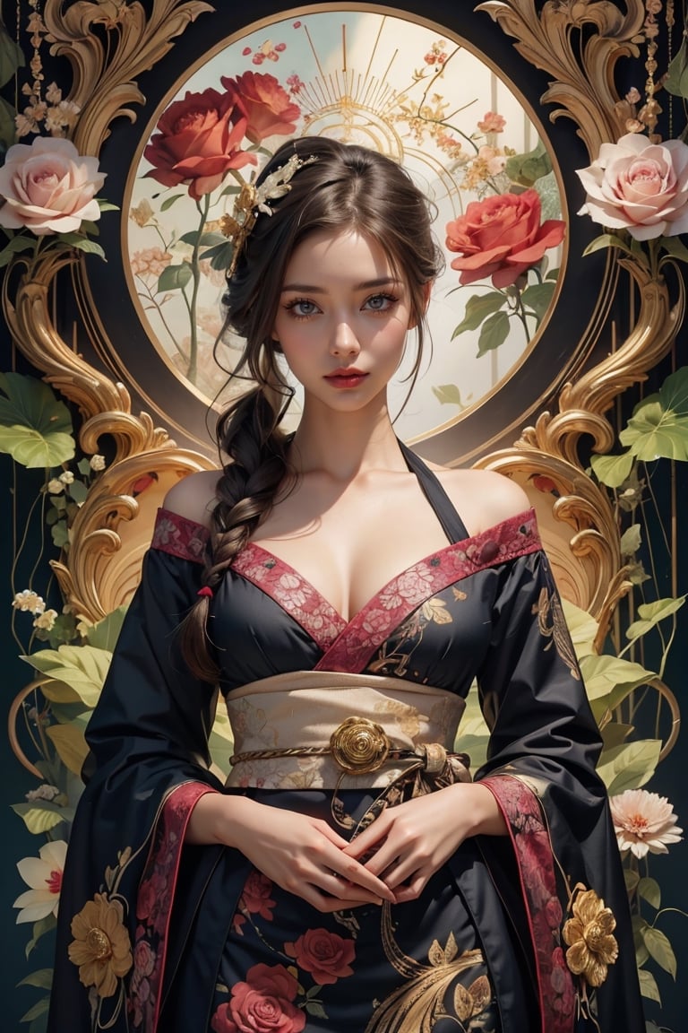 Masterpieces, Best Quality, Official Art, Aesthetics,
1girl, Asian girl, kimono, detailed background, isometric, art nouveau, flower, rose, fractal art, realhands, AI_Misaki, (zentangle, mandala, tangle, tangle), (psychedelic, flower, tapestry, Ethereal), holy light, gold leaf, gold leaf art, glitter painting, black,Butterfly Style