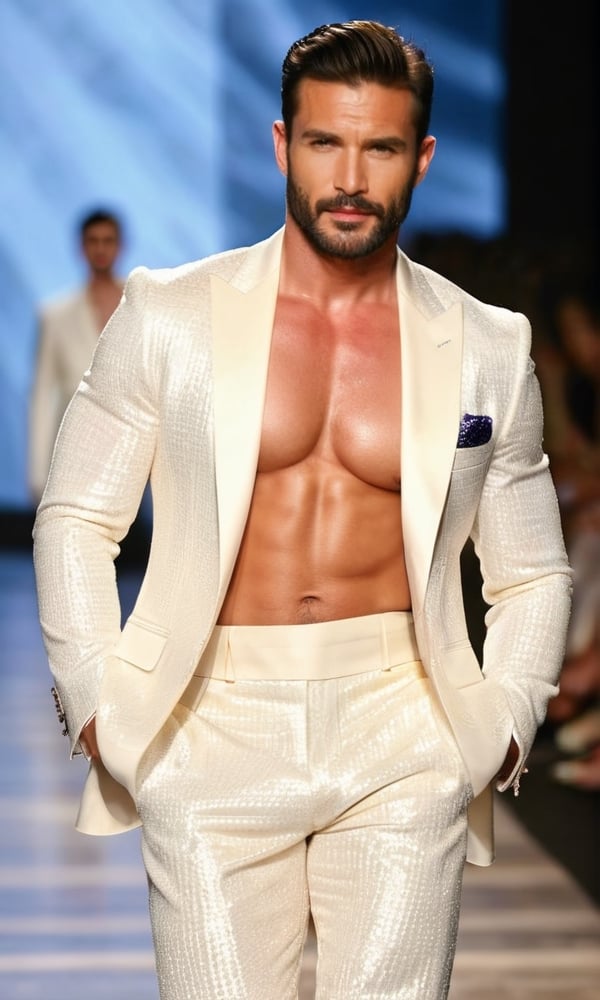 masterpiece, best quality, 8k, 1man, (front Photo), shiny skin, facial hair, walking on fashion show runway stage, wearing white sheer suit, highly detailed face and skin, realistic, mature, stubble, muscular, huge pecs, handsome, male focus, light particles, rim light, Use light to shine through clothes to reveal muscle contours, full body, skin color shows through the fabric of clothes,