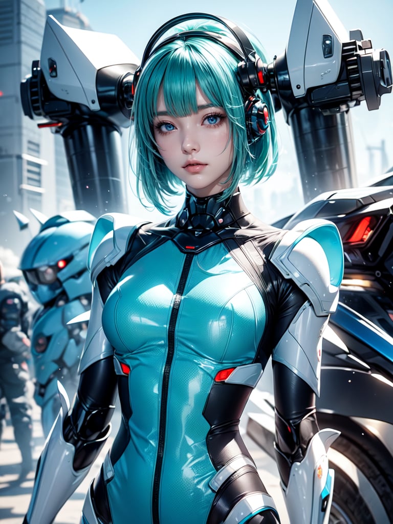 (masterpiece), science fiction, scenery,  1girl, short hair, bangs, aqua hair color, light blue eyes, mecha headgear, sci-fi bodysuits, ,1 girl,Japanese girl