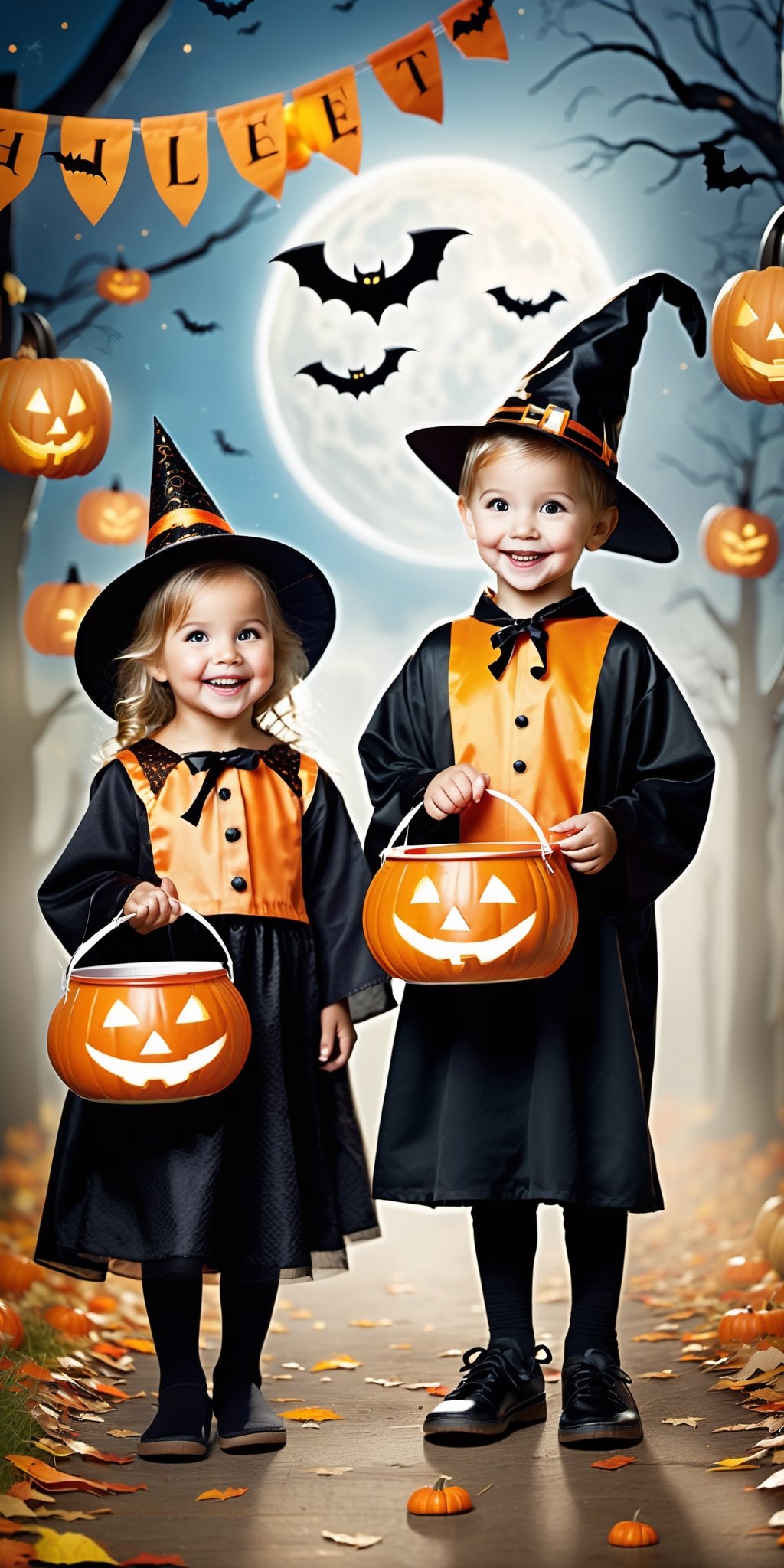 cute little kids wearing Halloween-style costumes,  holding little buckets,  and joyfully collecting treats. Request a per...