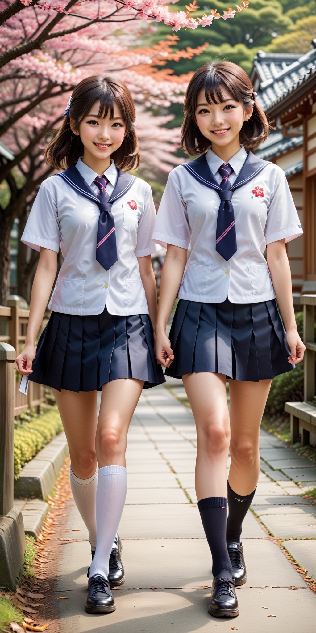 Envision a charming scene with two Japanese schoolgirls walking and smiling,  both adorned in beautiful school uniforms. R...