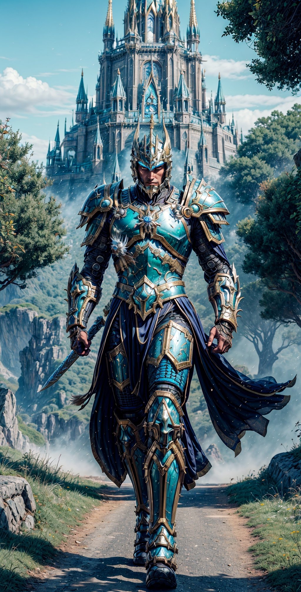 a warrior in golden-green magical armor and helmet walking on a Kingdom road in a fantasy world: photographic cinematic super super high detailed super realistic image, 4k super ultra HDR high quality image, masterpiece,

"Generate a captivating image of a formidable man adorned in a resplendent suit of golden-green magical armor and a matching helmet. This armor should exude a mesmerizing, ethereal glow, showcasing its enchanting properties.

The warrior walks with purpose along a majestic Kingdom road within a fantastical world, where every step is a testament to his valor and nobility. The road should be lined with grandeur, featuring towering trees, intricate cobblestones, and an air of mystical wonder.

The armor and helmet should be richly detailed, adorned with intricate patterns and designs that evoke both elegance and strength. They seamlessly blend with the enchanting atmosphere of the fantasy world.

The warrior's presence on this road should reflect his determined and noble character, embodying the perfect fusion of beauty and martial prowess. This image should immerse viewers in the grandeur of the fantasy world and the captivating aura of the heroic warrior.",mecha,drow,mecha musume