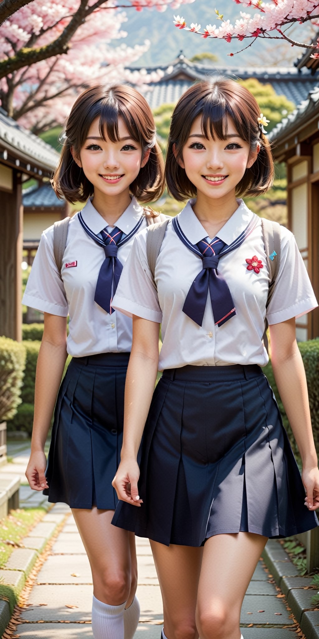 Envision a charming scene with two Japanese schoolgirls walking and smiling,  both adorned in beautiful school uniforms. R...