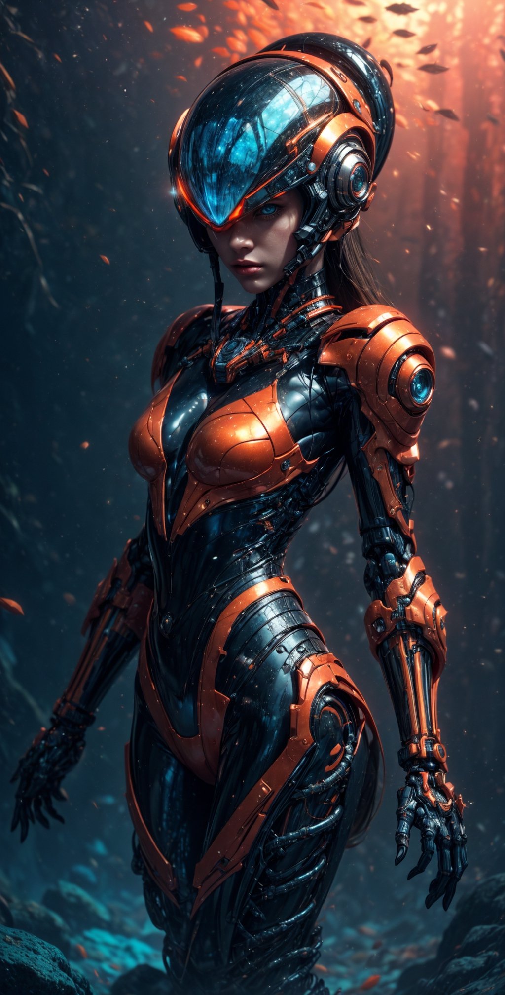 "Visualize a captivating scene featuring a girl named Thunder Orange. She's dressed in a tight,  futuristic suit with a vi...