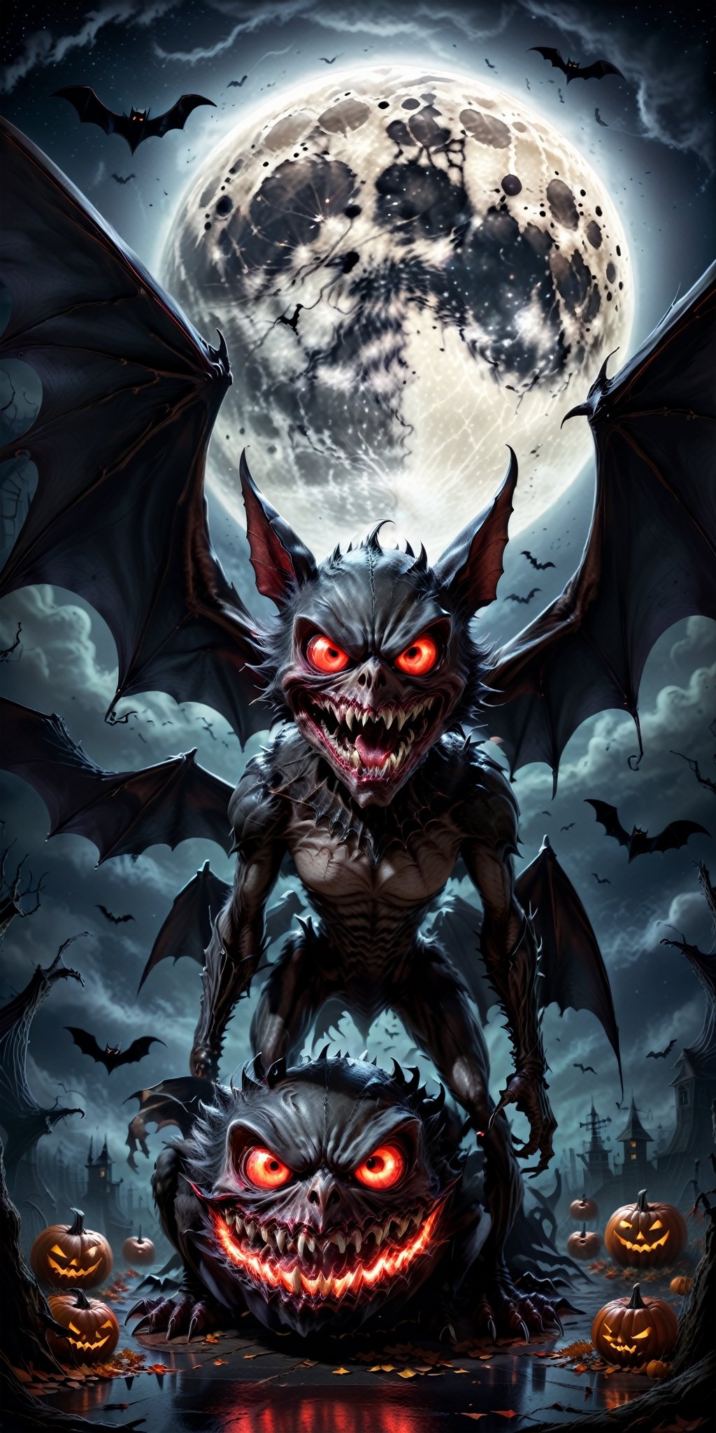 Generate a bone-chilling Halloween image featuring a terrifying and sinister bat monster. Picture the creature with sharp...