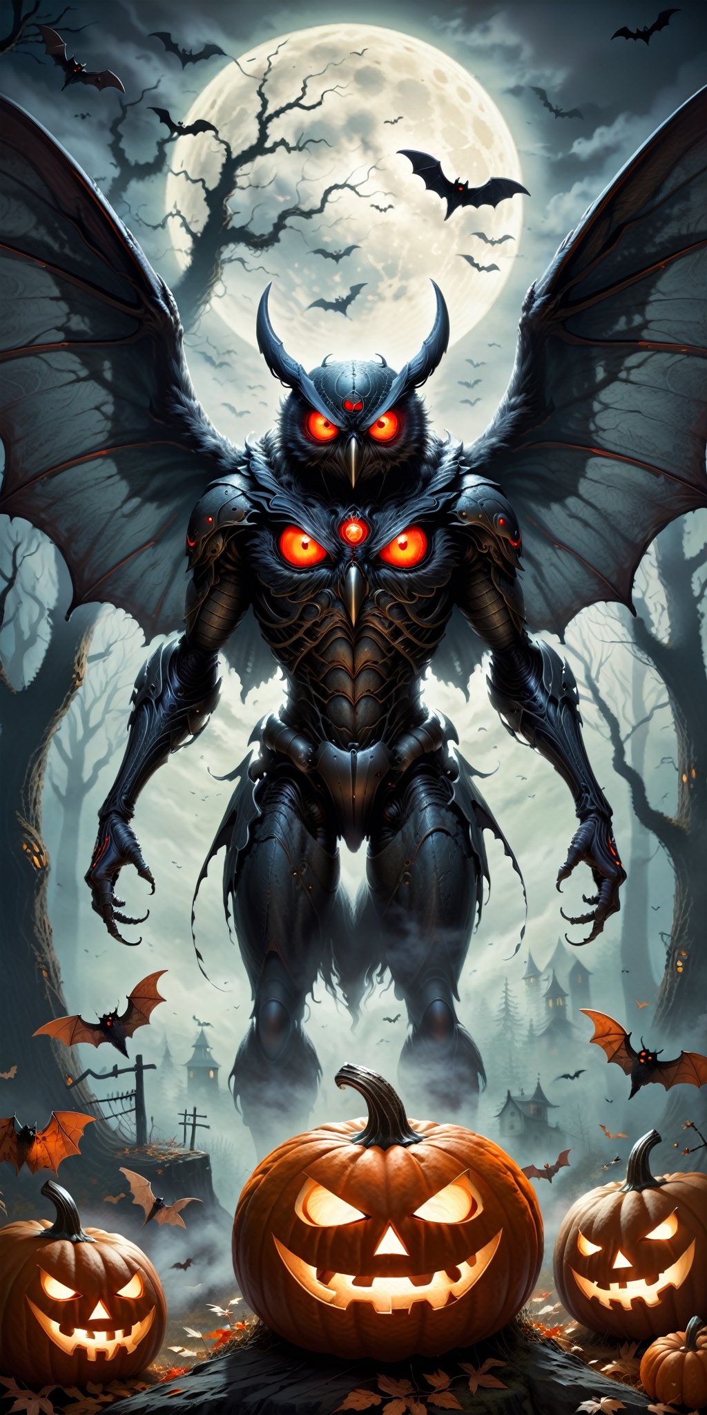 Bring the legendary Mothman to life in a Halloween-style scary fantasy image,  focusing on intricate details. Imagine the...