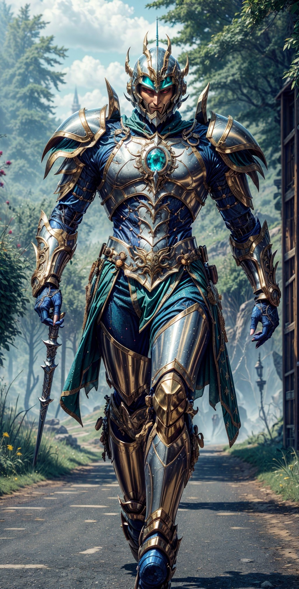 a warrior in golden-green magical armor and helmet walking on a Kingdom road in a fantasy world: photographic cinematic super super high detailed super realistic image, 4k super ultra HDR high quality image, masterpiece,

"Generate a captivating image of a formidable man adorned in a resplendent suit of golden-green magical armor and a matching helmet. This armor should exude a mesmerizing, ethereal glow, showcasing its enchanting properties.

The warrior walks with purpose along a majestic Kingdom road within a fantastical world, where every step is a testament to his valor and nobility. The road should be lined with grandeur, featuring towering trees, intricate cobblestones, and an air of mystical wonder.

The armor and helmet should be richly detailed, adorned with intricate patterns and designs that evoke both elegance and strength. They seamlessly blend with the enchanting atmosphere of the fantasy world.

The warrior's presence on this road should reflect his determined and noble character, embodying the perfect fusion of beauty and martial prowess. This image should immerse viewers in the grandeur of the fantasy world and the captivating aura of the heroic warrior.",mecha,drow,mecha musume, photographic, realisticphoto, cinematic, super high detailed super realistic image, 4k HDR super high detailed image, masterpiece 