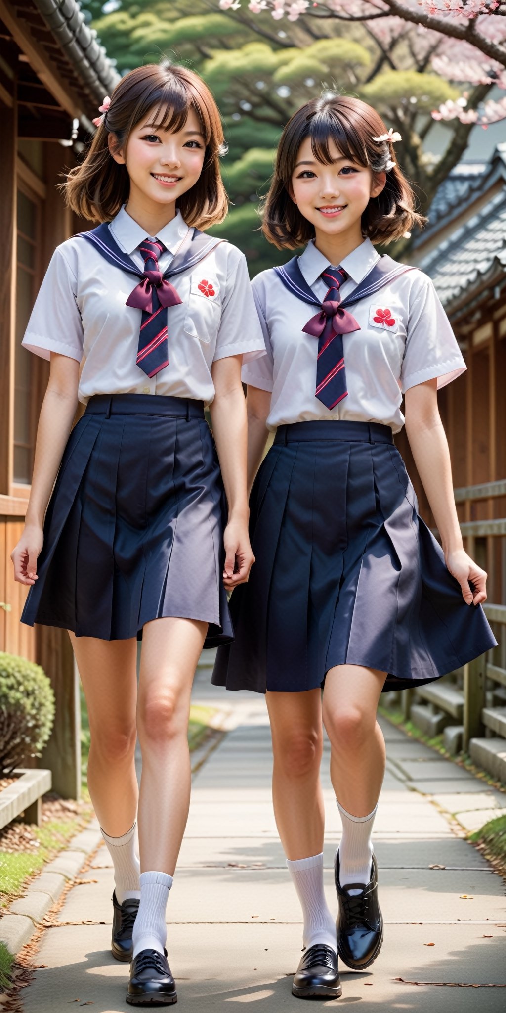 Envision a charming scene with two Japanese schoolgirls walking and smiling,  both adorned in beautiful school uniforms. R...