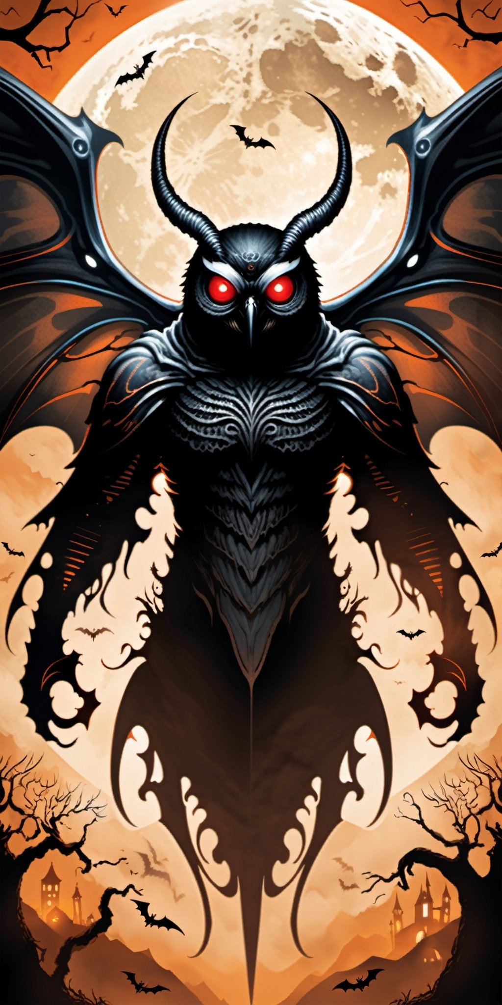 Bring the legendary Mothman to life in a Halloween-style scary fantasy image,  focusing on intricate details. Imagine the...