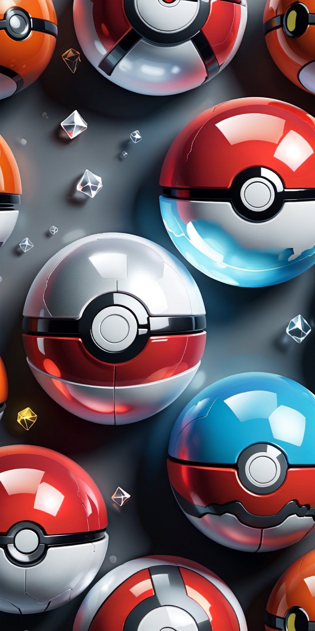 Design an enchanting wallpaper showcasing a collection of glass-like Hi-Tech Pokeballs. Ensure each Pokeball has a unique...