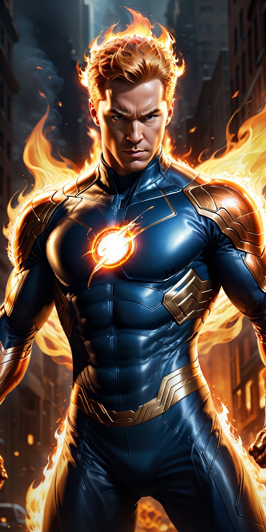 Imagine a dynamic scene featuring the iconic Marvel Comics character,  Human Torch. Visualize him engulfed in flames,  rad...