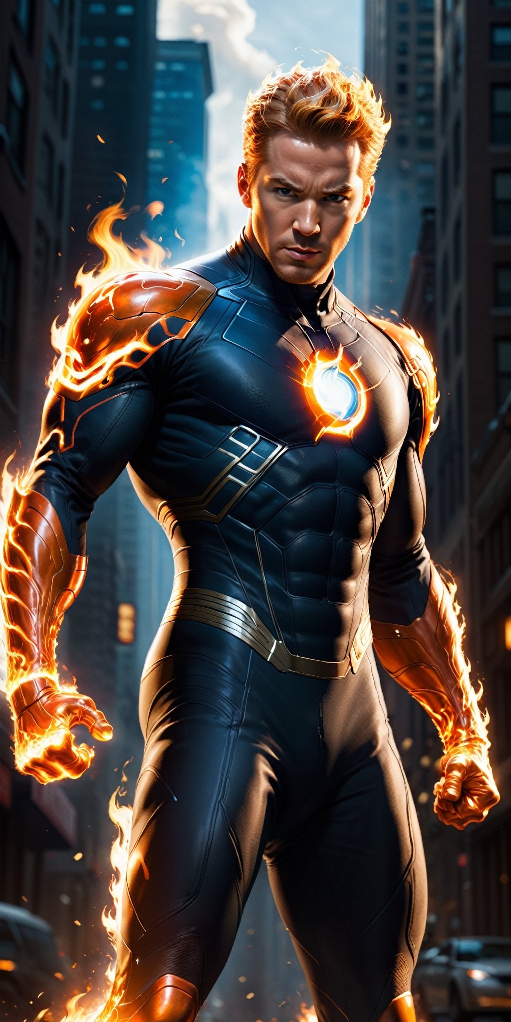 Imagine a dynamic scene featuring the iconic Marvel Comics character,  Human Torch. Visualize him engulfed in flames,  rad...