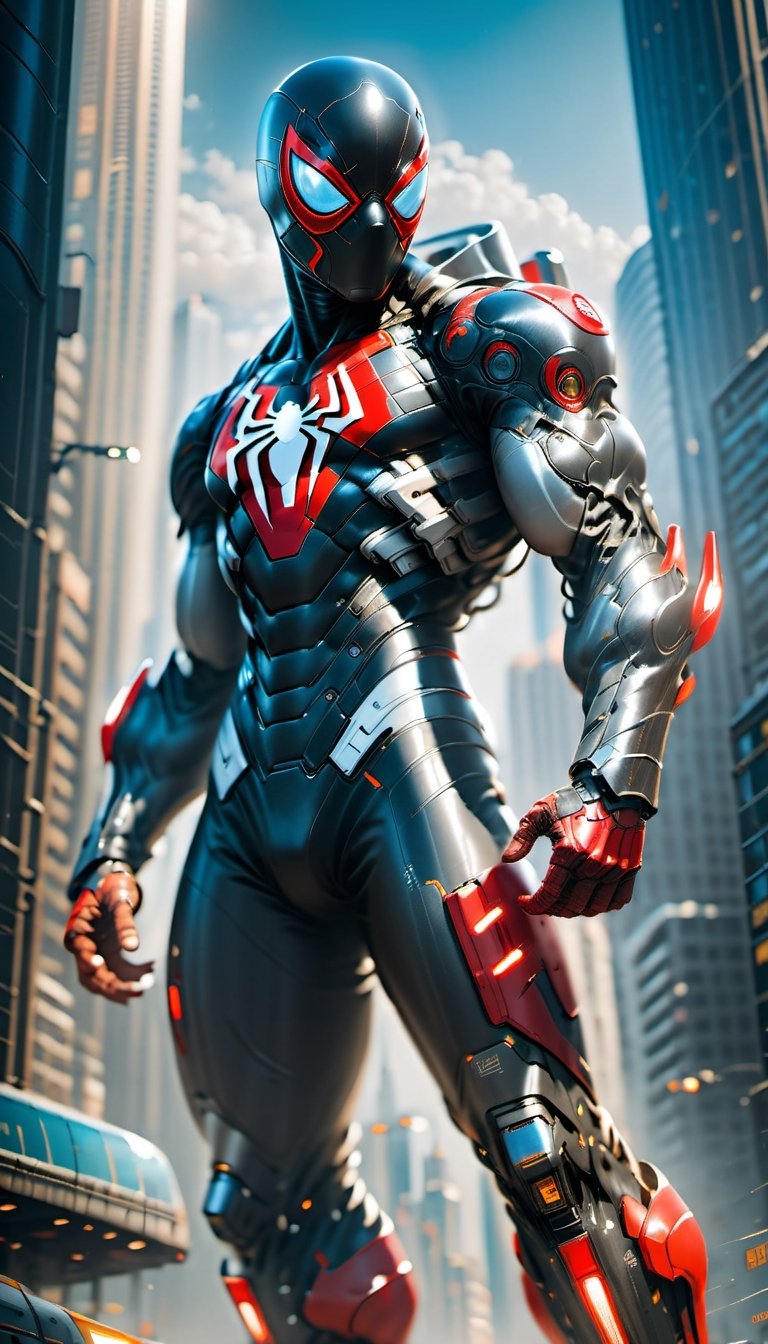 A Hi-Tech glowing cybernetic cyberpunk style red black(Hi-Tech armour style),  spiderman armour,  Hi-Tech glowing armour b...