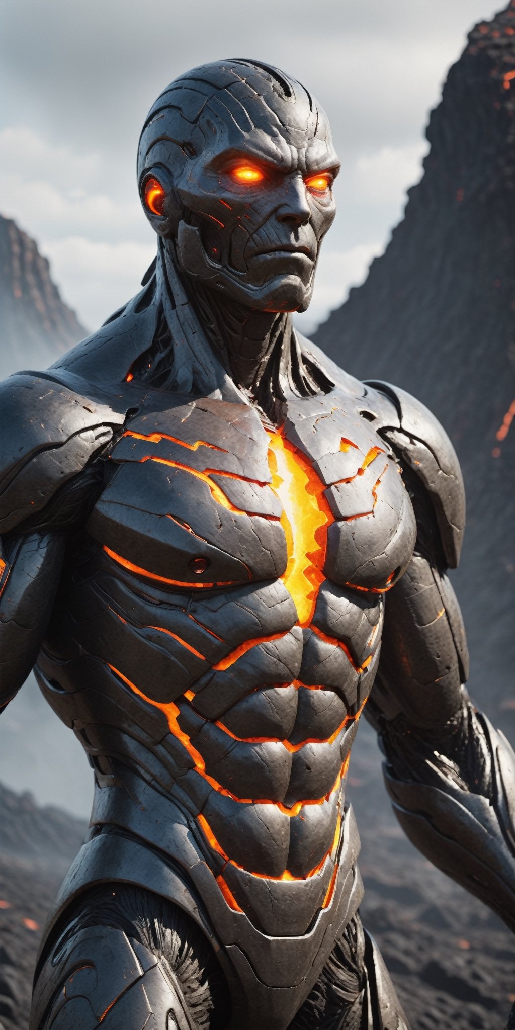 Compose a cinematic movie-style scene featuring a colossal stone Lava man with a body crafted from stone and flowing lava....