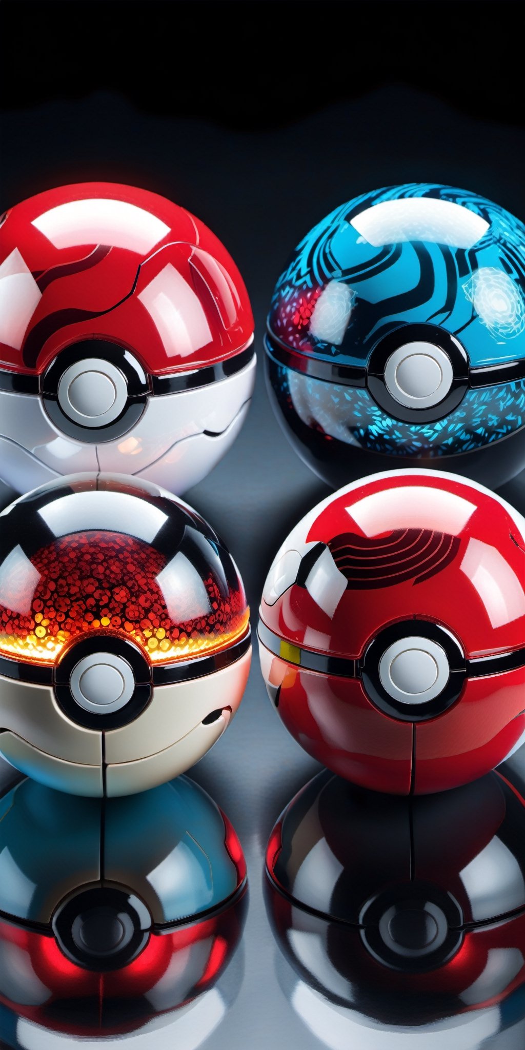 Design a set of glass,  biometrically enhanced Pokeballs with vibrant,  glowing patterns. Incorporate futuristic technolog...