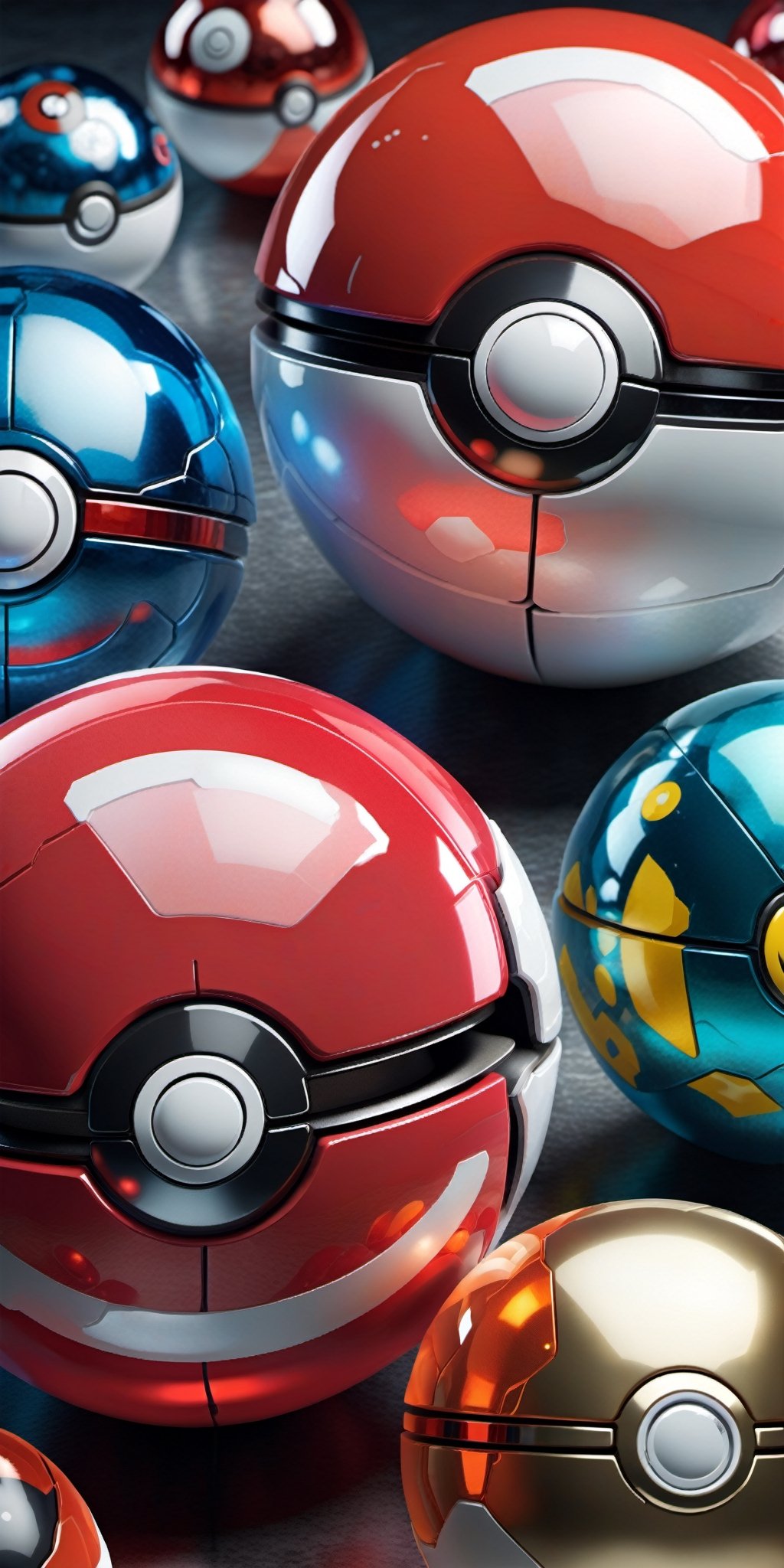Design an enchanting wallpaper showcasing a collection of glass-like Hi-Tech Pokeballs. Ensure each Pokeball has a unique...