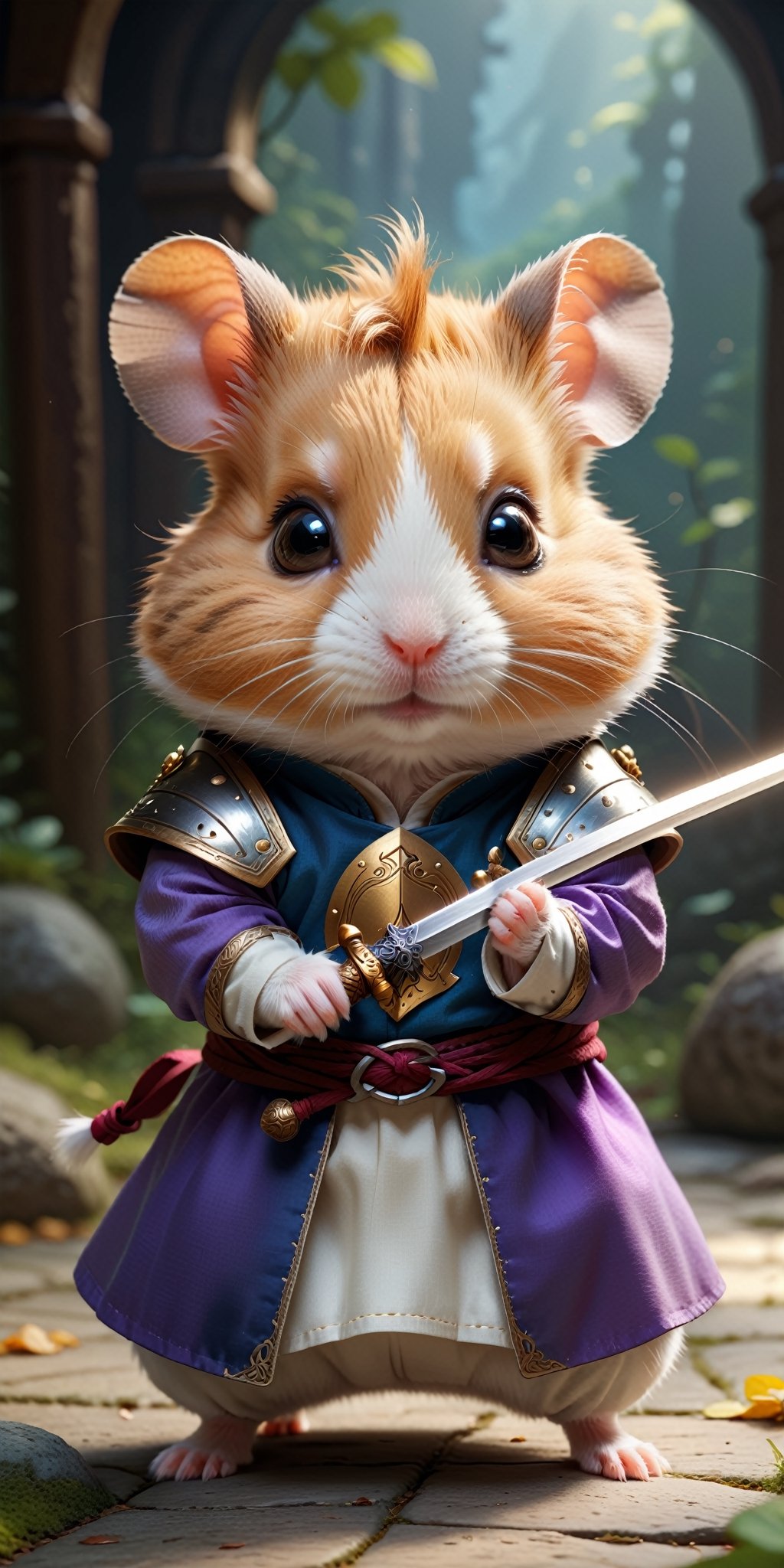 Visualize an adorable fantasy scene with a cute little hamster,  dressed in charming prince-like clothes and wielding a ti...