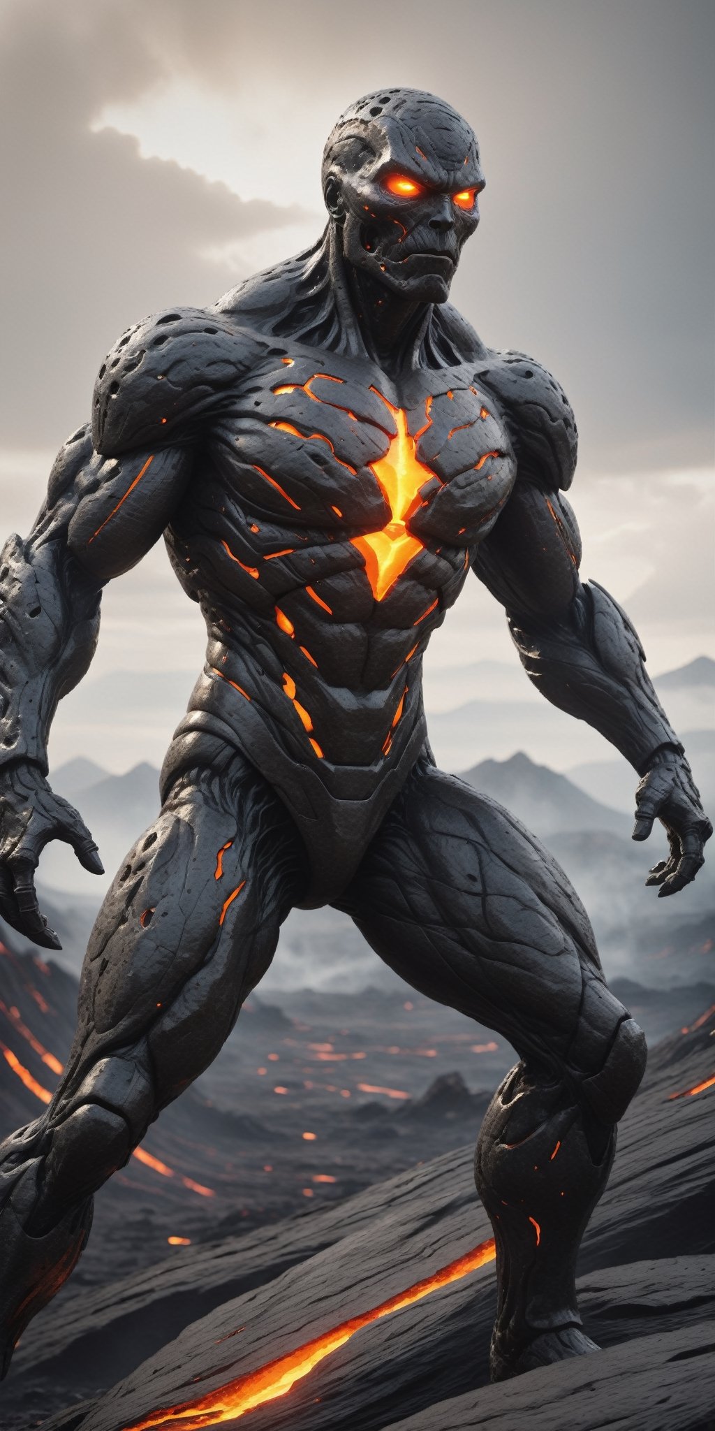 Compose a cinematic movie-style scene featuring a colossal stone Lava man with a body crafted from stone and flowing lava....