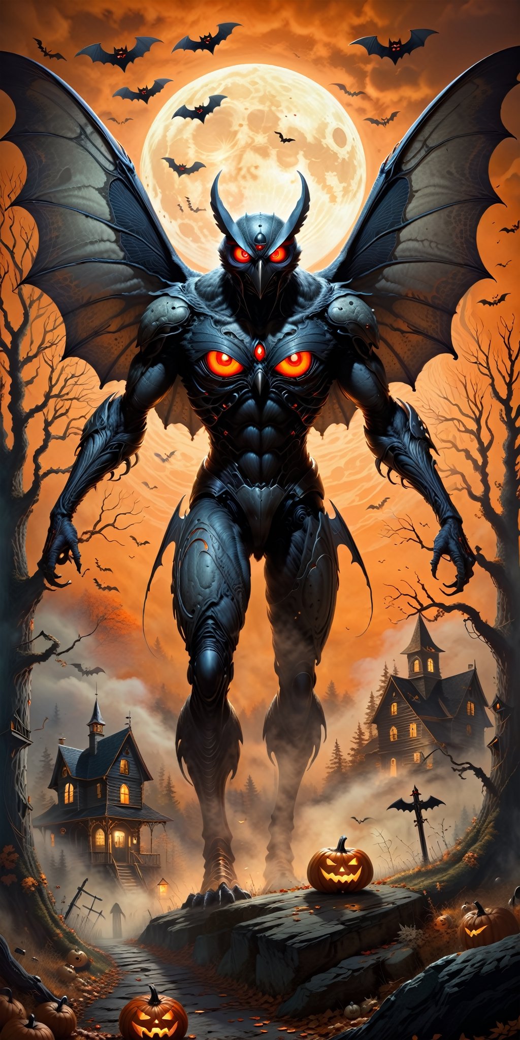 Bring the legendary Mothman to life in a Halloween-style scary fantasy image,  focusing on intricate details. Imagine the...