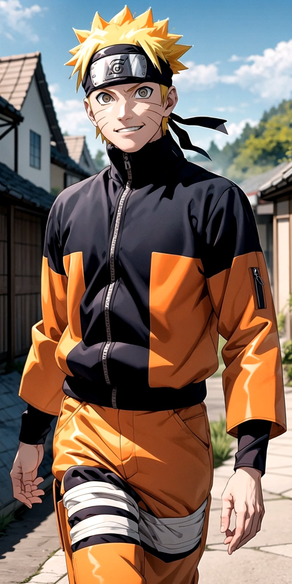 Create a super high detailed image of Naruto uzumaki with yellow spiky hair brown eyes, lite smile on his face lite muscular body wearing his ninja orange black outfit wearing ninja headband, walking in village , super realistic image of Naruto uzumaki, 32k Ultra HDR high quality image, masterpiece ,FFIXBG