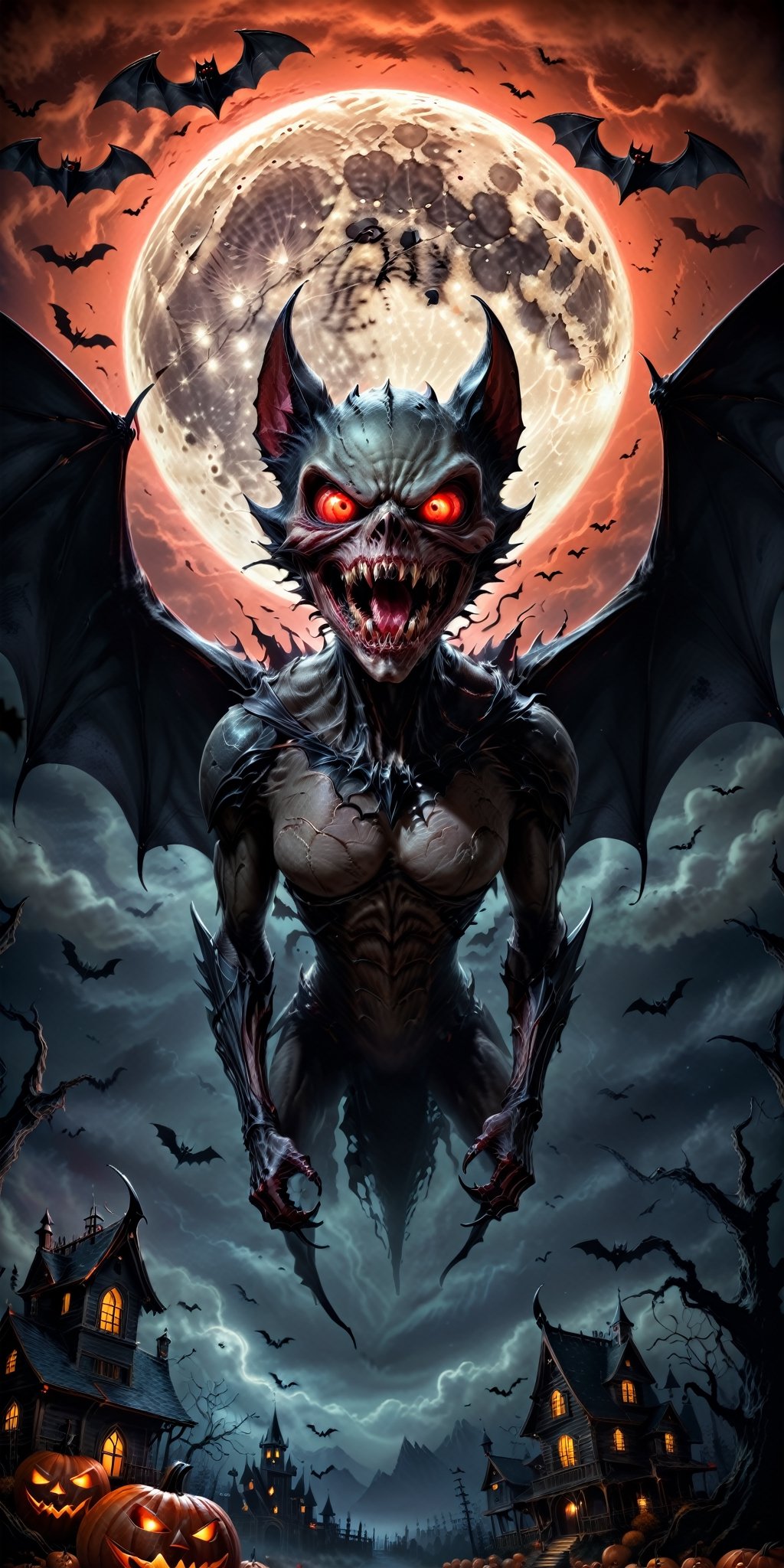 Generate a bone-chilling Halloween image featuring a terrifying and sinister bat monster. Picture the creature with sharp...