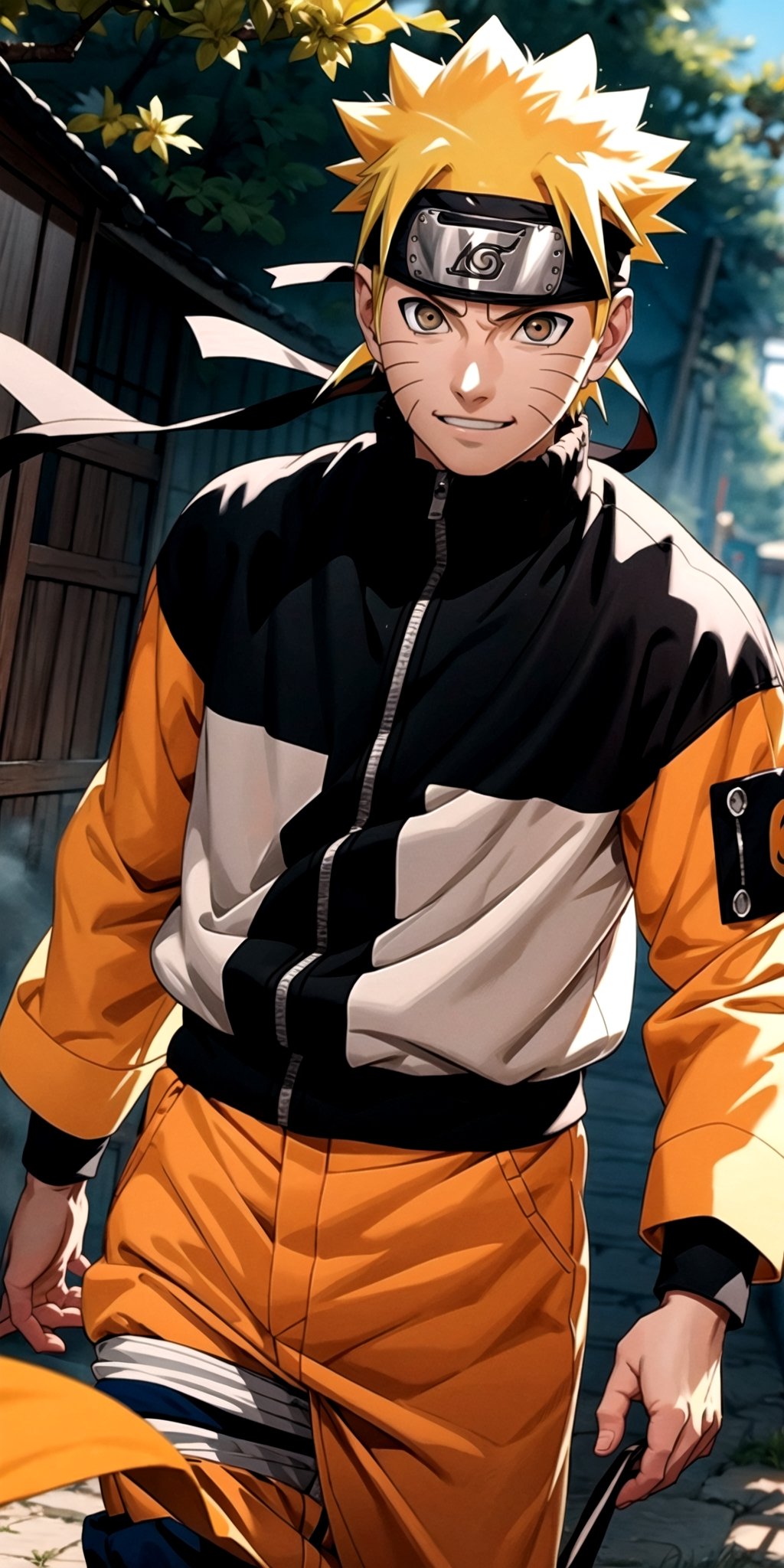 Create a super high detailed image of Naruto uzumaki with yellow spiky hair brown eyes, lite smile on his face lite muscular body wearing his ninja orange black outfit wearing ninja headband, walking in village , super realistic image of Naruto uzumaki, 32k Ultra HDR high quality image, masterpiece ,FFIXBG