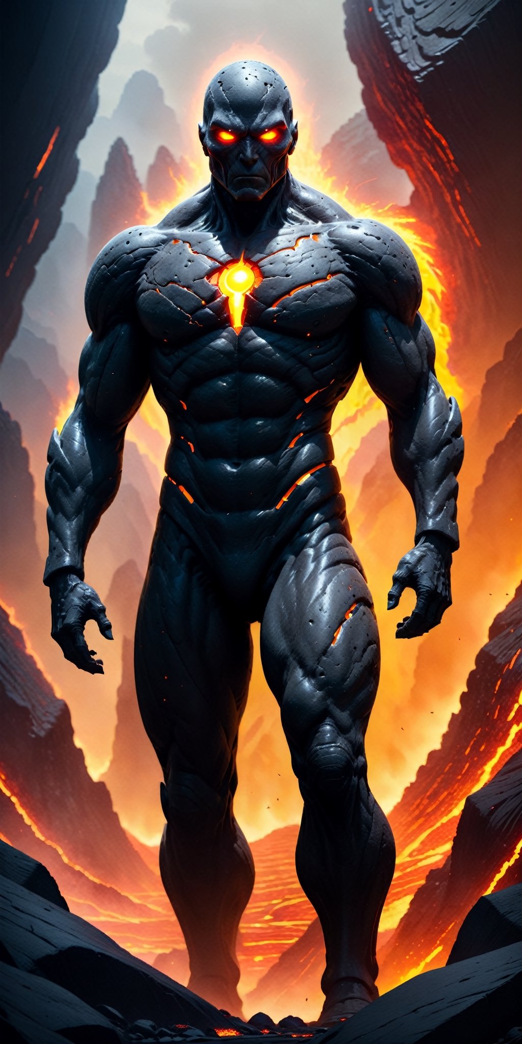 Compose a cinematic movie-style scene featuring a colossal stone Lava man with a body crafted from stone and flowing lava....