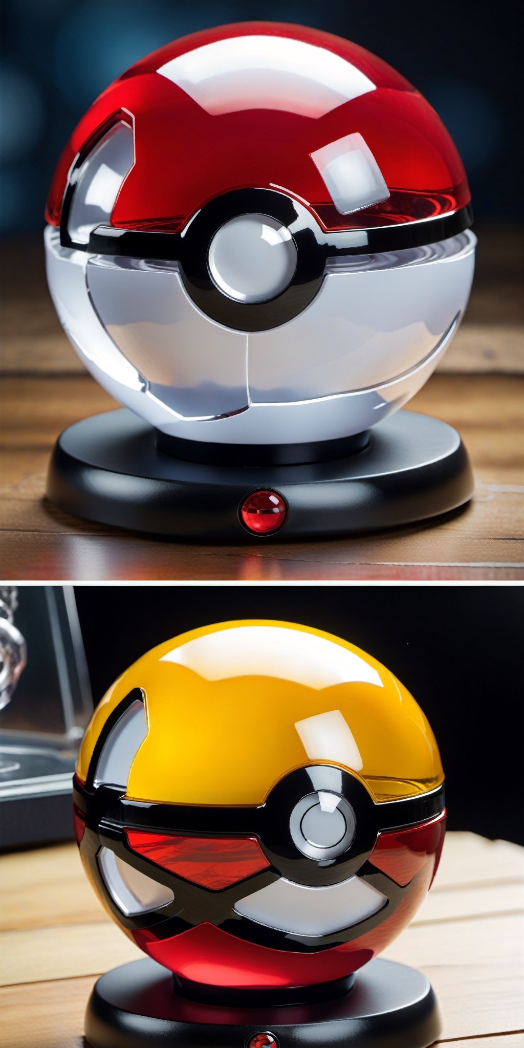 Craft a series of breathtaking,  glass-like Hi-Tech Pokeballs. Ensure the glass showcases intricate details and a beautifu...