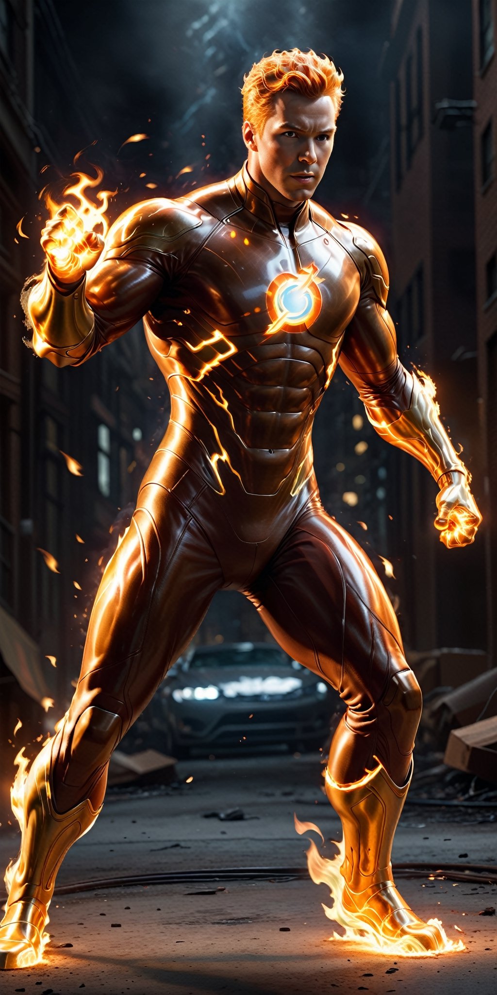 Imagine a dynamic scene featuring the iconic Marvel Comics character,  Human Torch. Visualize him engulfed in flames,  rad...