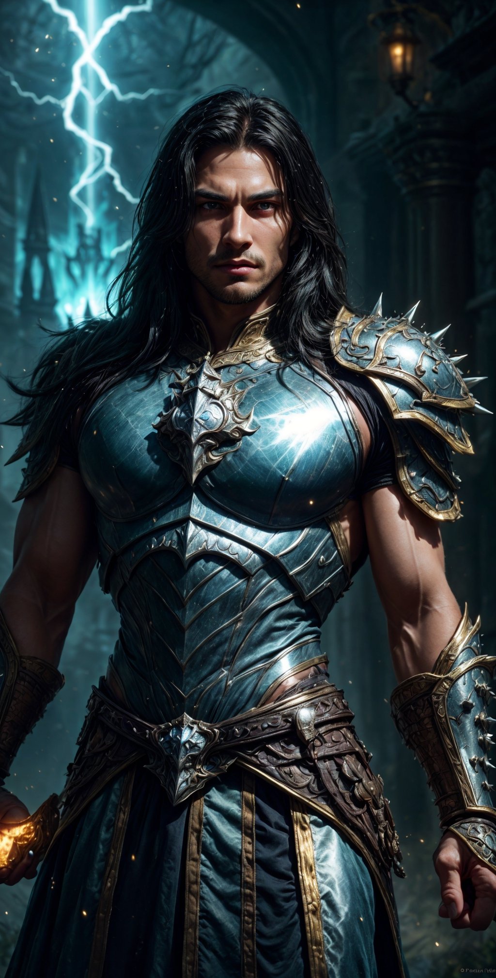 "Create an enchanting visual representation of a courageous and handsome man standing proudly in a magnificent fantasy wor...