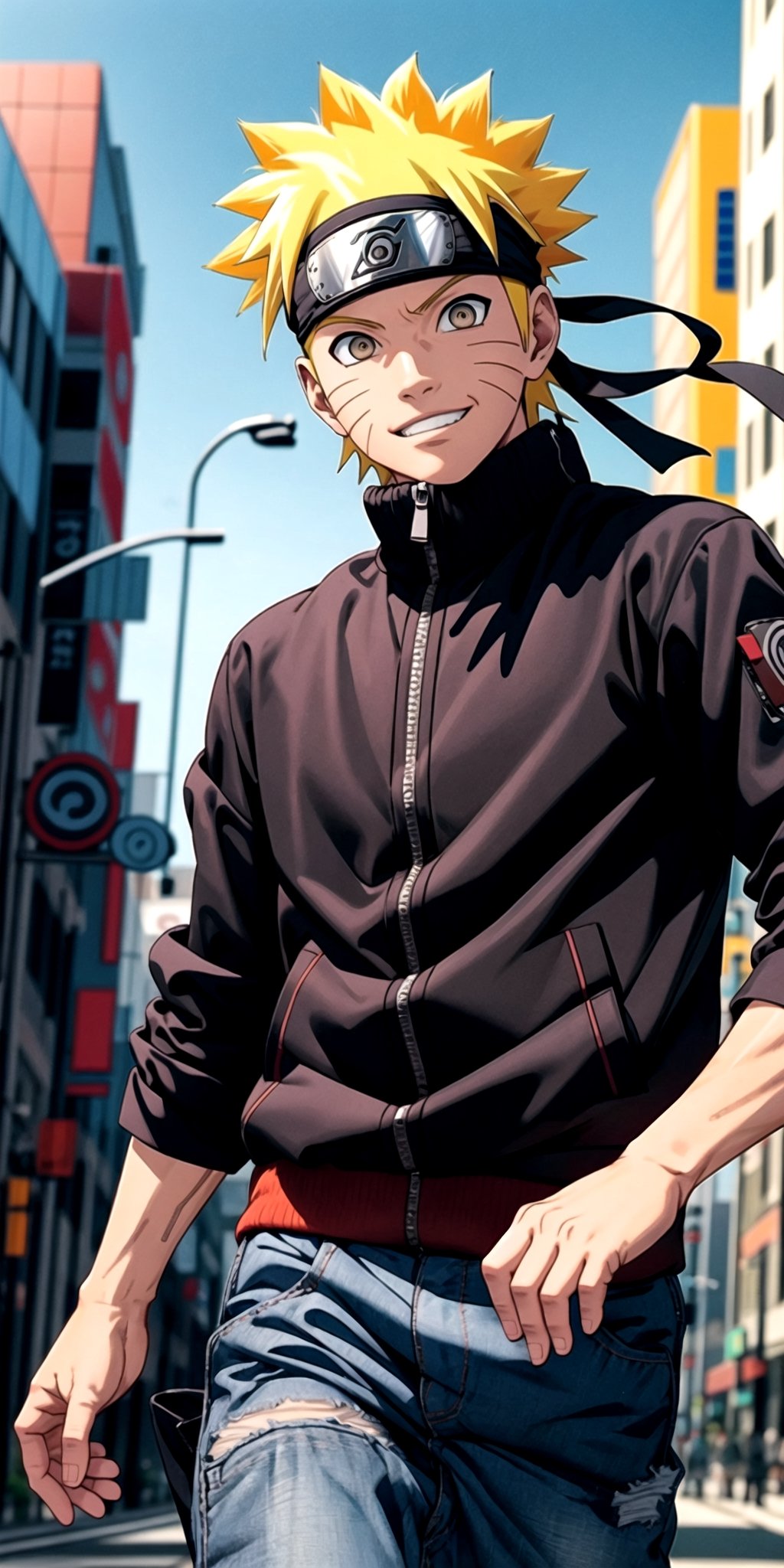 Create a super high detailed image of Naruto uzumaki with yellow spiky hair brown eyes, lite smile on his face lite muscular body wearing black jacket denim pant wearing ninja headband sunglasses, walking on city road, super realistic image of Naruto uzumaki, 32k Ultra HDR high quality image, masterpiece ,FFIXBG