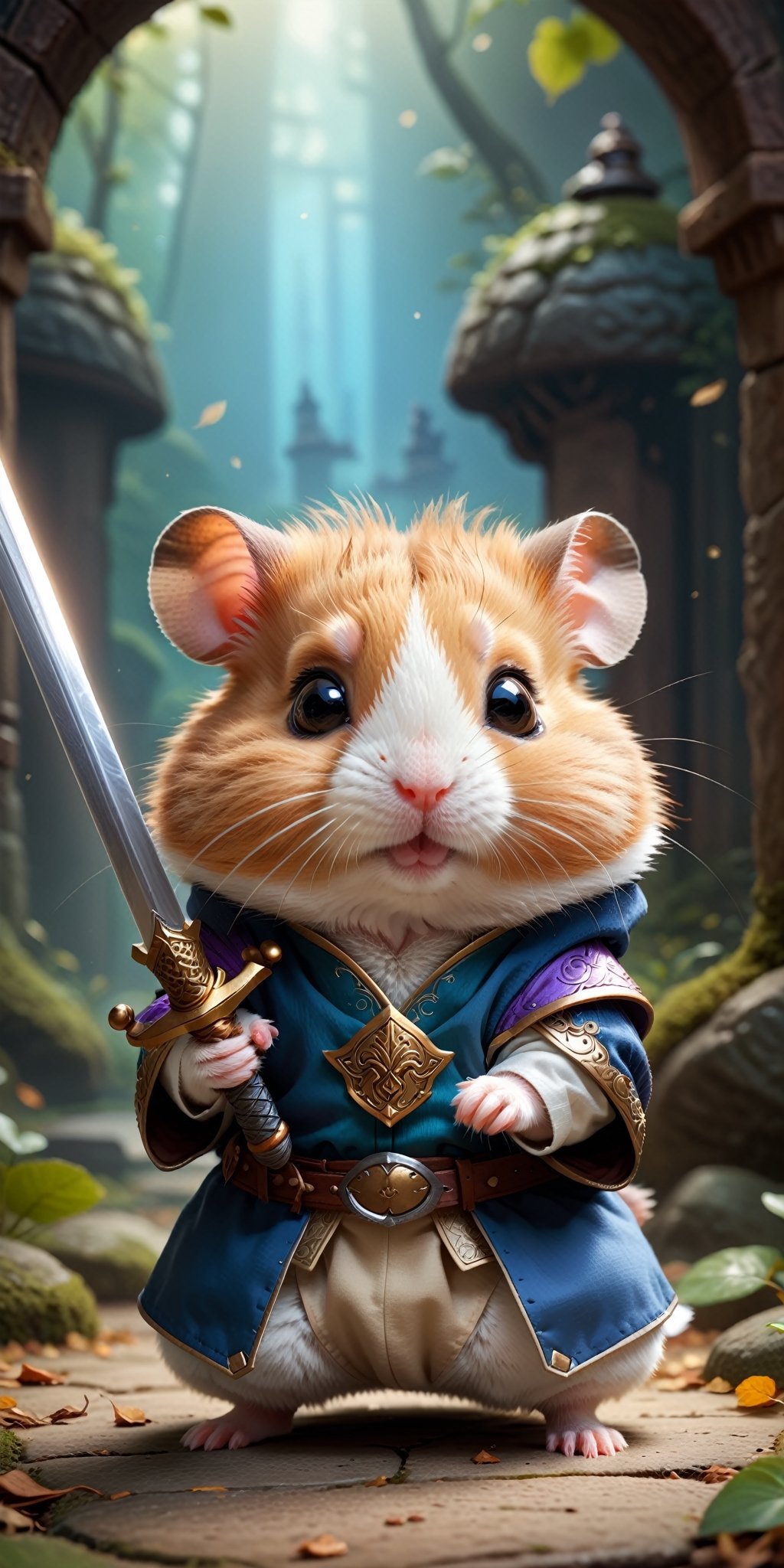 Visualize an adorable fantasy scene with a cute little hamster,  dressed in charming prince-like clothes and wielding a ti...
