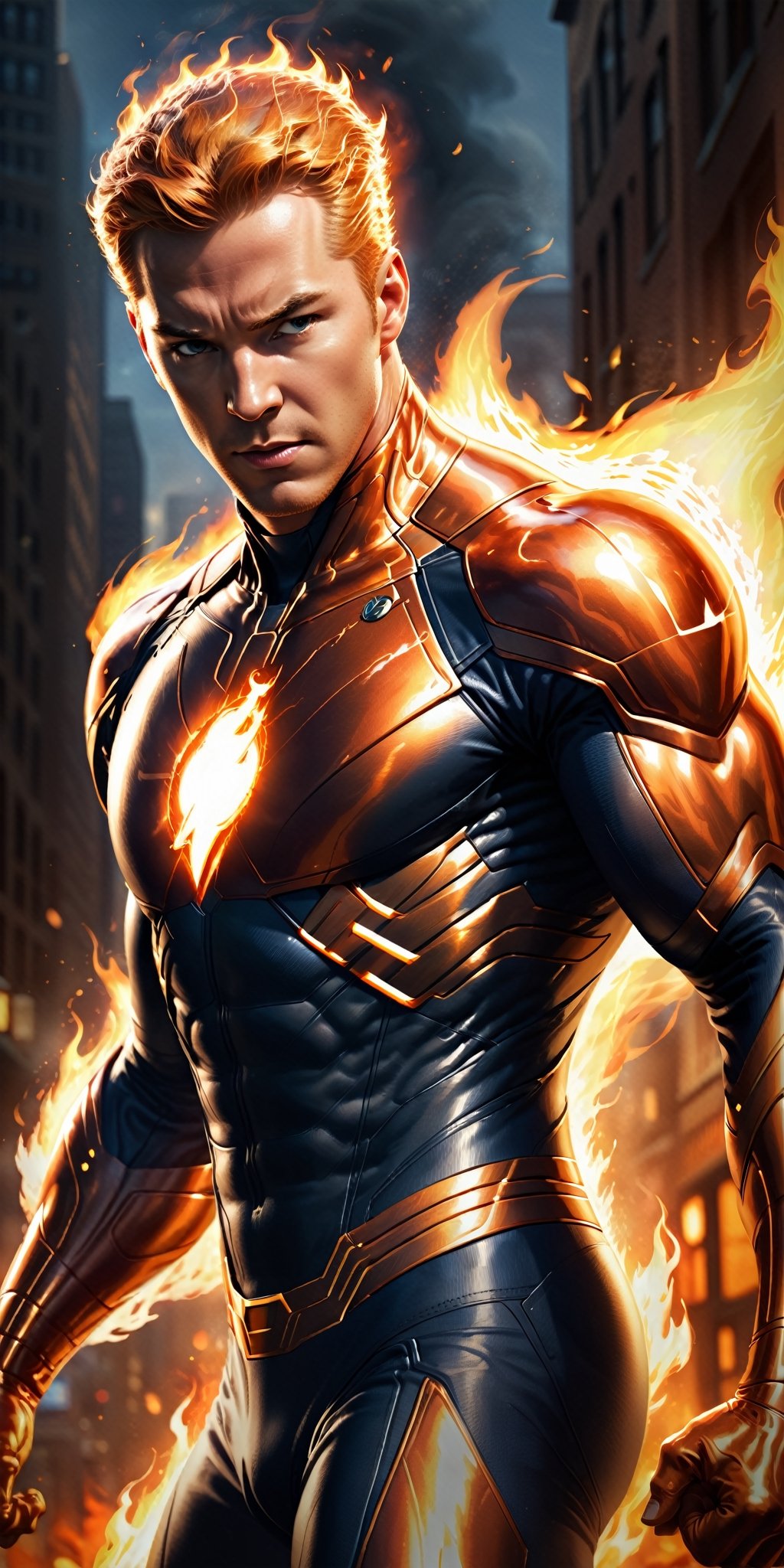 Imagine a dynamic scene featuring the iconic Marvel Comics character,  Human Torch. Visualize him engulfed in flames,  rad...