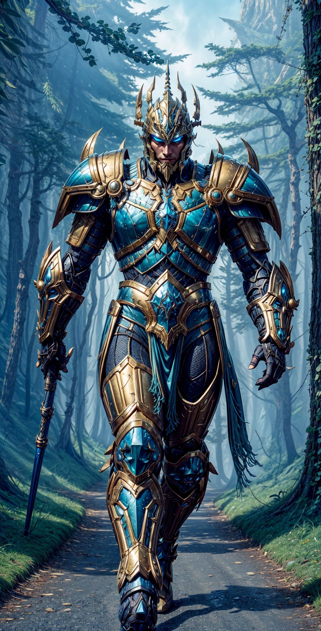 a warrior in golden-green magical armor and helmet walking on a Kingdom road in a fantasy world:

"Generate a captivating image of a formidable man adorned in a resplendent suit of golden-green magical armor and a matching helmet. This armor should exude a mesmerizing, ethereal glow, showcasing its enchanting properties.

The warrior walks with purpose along a majestic Kingdom road within a fantastical world, where every step is a testament to his valor and nobility. The road should be lined with grandeur, featuring towering trees, intricate cobblestones, and an air of mystical wonder.

The armor and helmet should be richly detailed, adorned with intricate patterns and designs that evoke both elegance and strength. They seamlessly blend with the enchanting atmosphere of the fantasy world.

The warrior's presence on this road should reflect his determined and noble character, embodying the perfect fusion of beauty and martial prowess. This image should immerse viewers in the grandeur of the fantasy world and the captivating aura of the heroic warrior.",mecha,drow,mecha musume