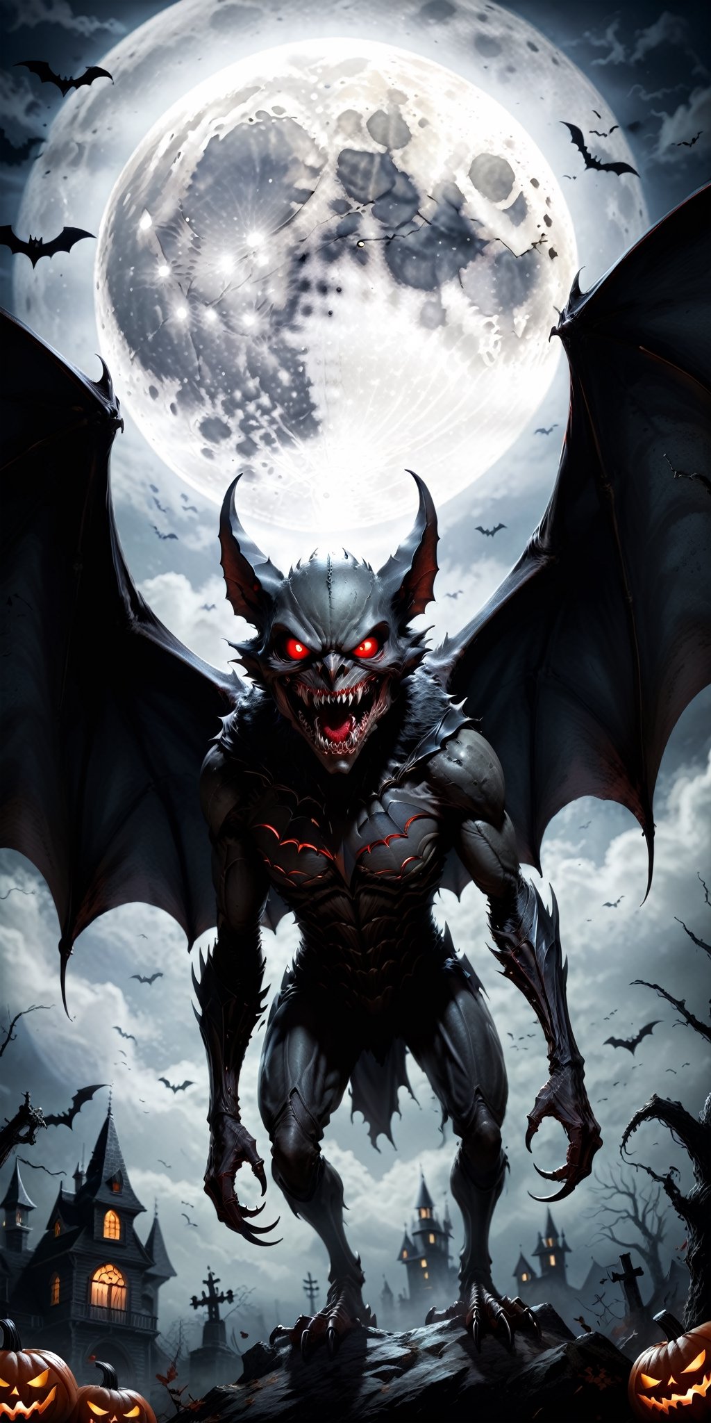 Generate a bone-chilling Halloween image featuring a terrifying and sinister bat monster. Picture the creature with sharp...