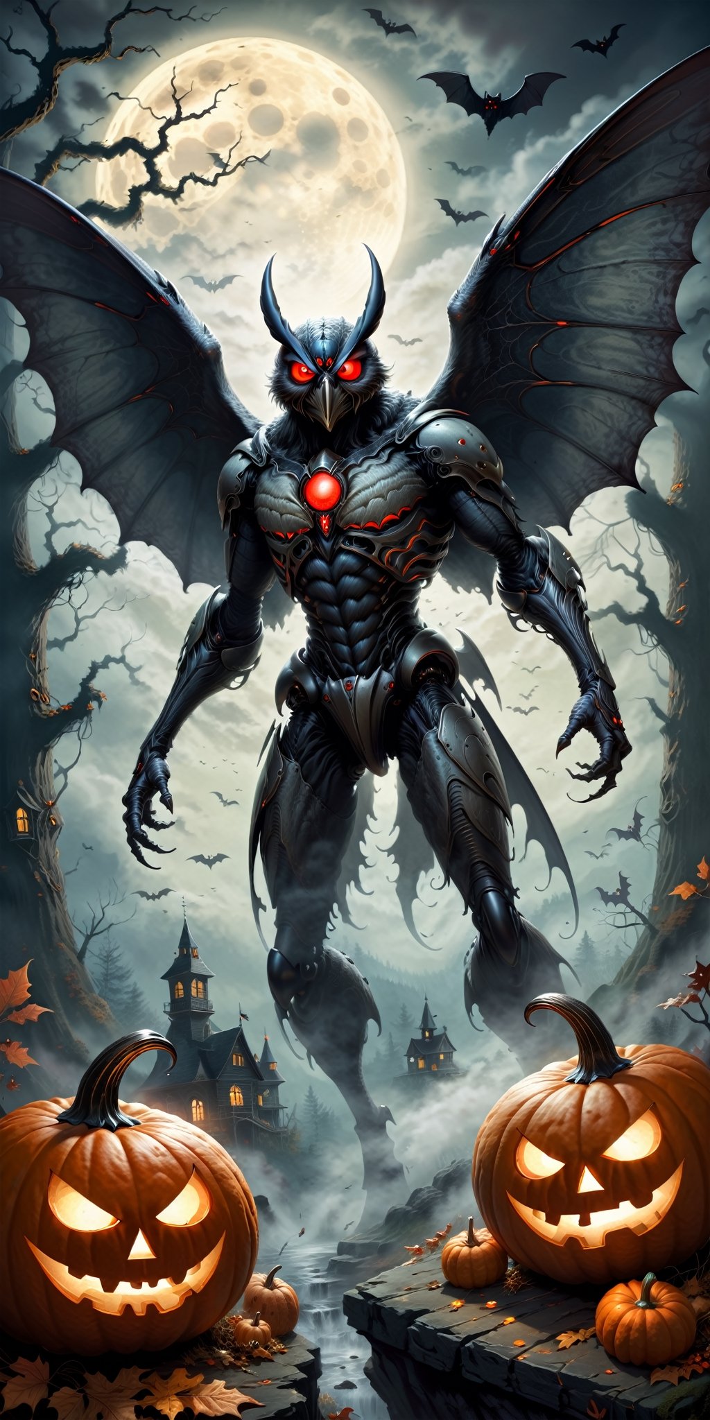 Bring the legendary Mothman to life in a Halloween-style scary fantasy image,  focusing on intricate details. Imagine the...