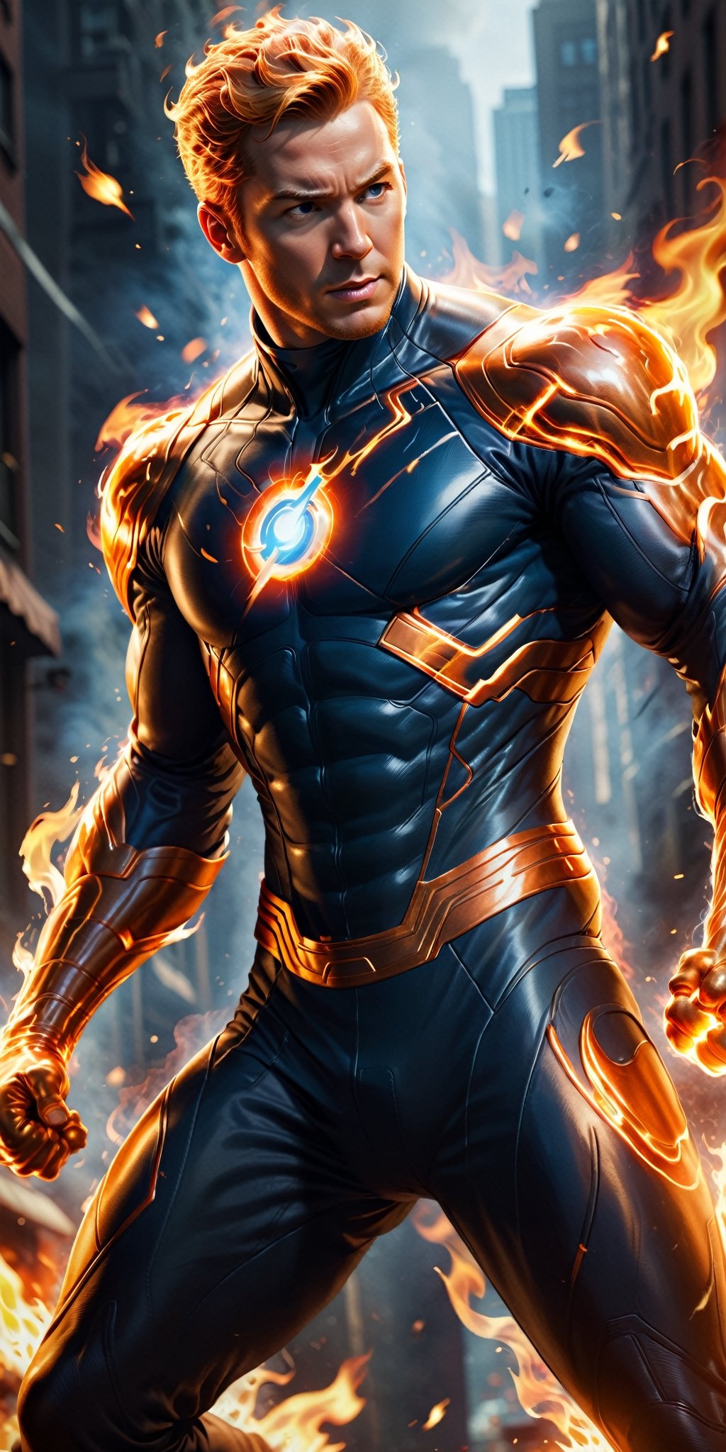 Imagine a dynamic scene featuring the iconic Marvel Comics character,  Human Torch. Visualize him engulfed in flames,  rad...