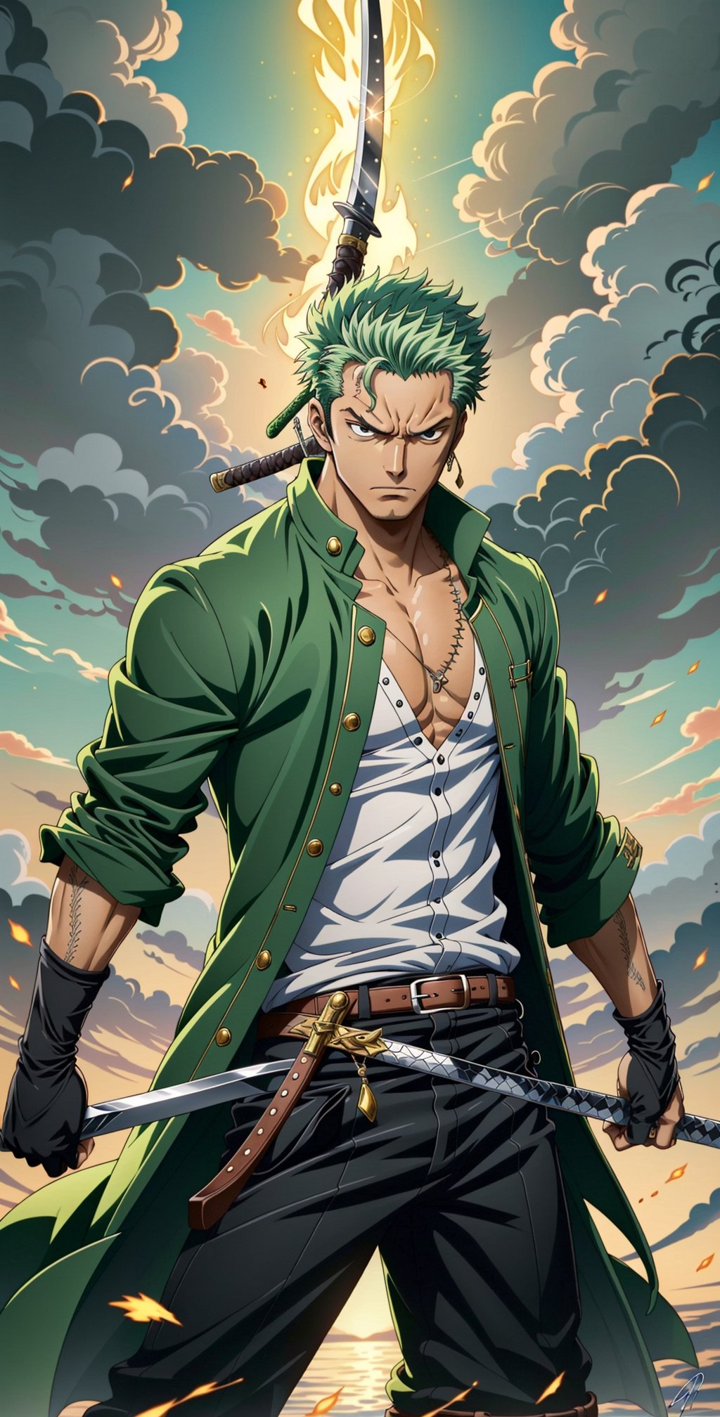 "Create an image of Roronoa Zoro in his signature three-sword fighting stance,  surrounded by a dynamic aura of determinat...
