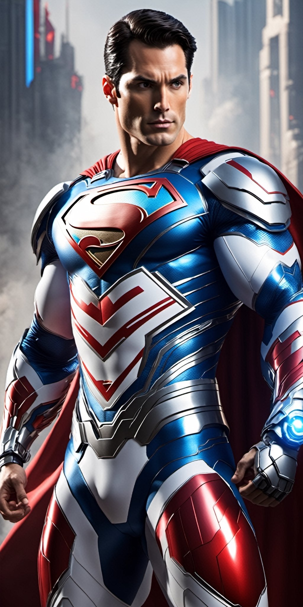"Imagine and create a new superhero character,  a variation of Superman,  wearing an awe-inspiring Hi-Tech biometric glowi...
