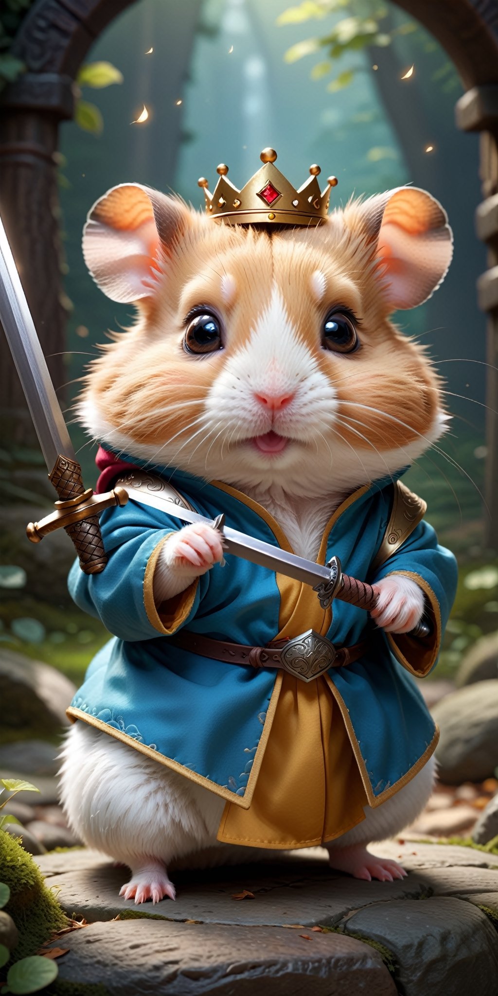 Visualize an adorable fantasy scene with a cute little hamster,  dressed in charming prince-like clothes and wielding a ti...