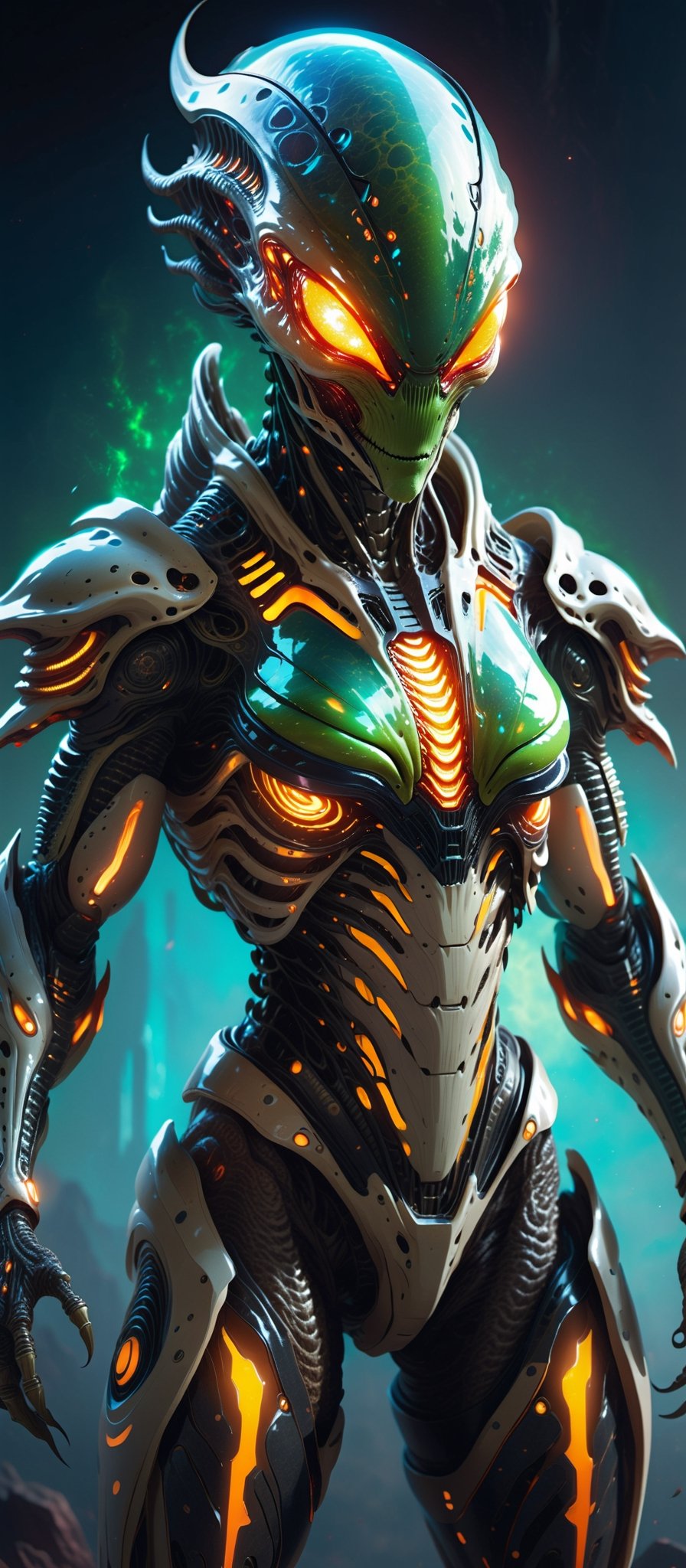 Create a spine-chilling image of an alien creature adorned in Hi-Tech biometric glowing armor,  radiating a deadly and int...